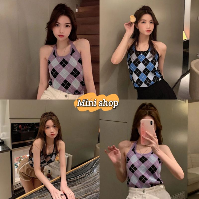 Mini shop พร้อมส่ง เสื้อไหมพรมคล้องคอ ลายตารางหมากรุก น่ารักๆเก๋ๆ (E201)