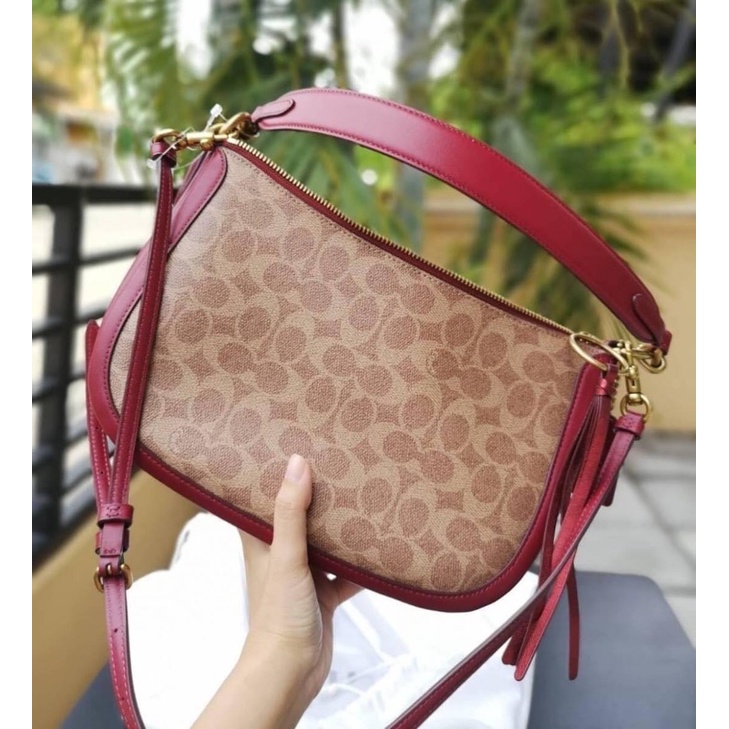 👑ผ่อน0%~แท้100%👑88768 Coach Coated Canvas Signature Sutton Hobo-Crossbody Tan/Deep Red Bag