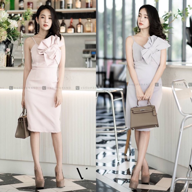 📍พร้อมส่ง📍Code : 3237 ชุดออกงานสีเทา ชุดไปงานแต่งติดโบว์ งานป้าย vshop