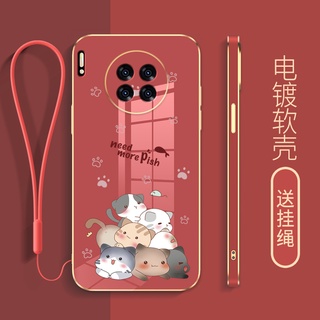 เคสโทรศัพท์มือถือ ขอบตรง ป้องกันกล้อง ลายการ์ตูนแมว พร้อมสายคล้อง สําหรับ huawei mate 30 pro mate 30e pro mate 40 mate 40e mate 40 pro mate 40e pro y6p y8p 2020