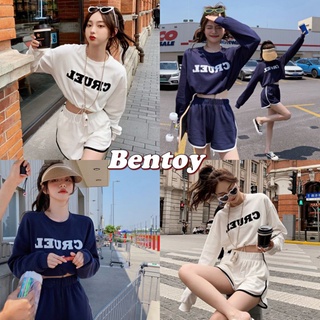 Bentoy(6298)ชุดเซ็ท เสื้อแขนยาว+กางเกงขาสั้น เอวยืด ลายสกรีมอังกฤษ oversize