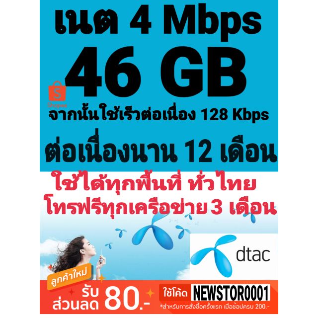 ซิมลูกเทพ Dtac 4Mbps (46GB) นาน 12 เดือน เดือนแรกใช้ฟรี