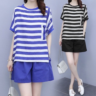 เสื้อยืดผู้หญิง。เสื้อยืดไซส์ใหญ่。สูท。 Summer Casual Stripes T -shirt Short -sleeved Sleeve Womens Loose Loos Trend