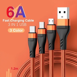 3 In 1 6A 100W สายชาร์จ สายข้อมูล ชาร์จเร็วมาก / ไนลอนถัก Micro USB Type C สายชาร์จ สําหรับสมาร์ทโฟน