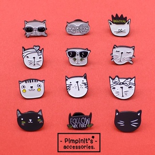 📬 พร้อมส่ง : 🐱 เข็มกลัดเซ็ทหัวแมวเหมียวสีขาวและดำ | Black &amp; White Cat Head Enamel Brooch Pin Set.