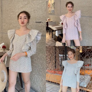 PP15088 เดรสไหล่ระบายลายดอก