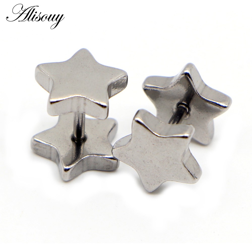 Alisouy 2 ชิ้น ใหม่ ทุกเพศ สเตนเลส บาร์เบล ต่างหูสตั๊ด คลาสสิก ห้าแฉก ดาว ต่างหูสกรู ด้านหลัง เจาะร่างกาย เครื่องประดับ