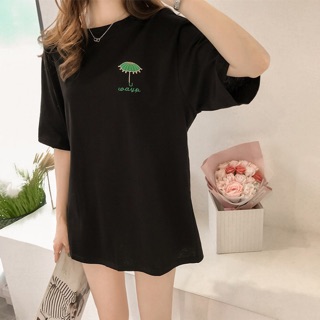 💥เสื้อยืดสีพื้นปักลายร่ม แขนสั้นใส่สบาย เป็นทรงหลวมoversize มี4สี🚒พร้อมส่งค่ะ