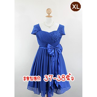 E1145-4-XL-ชุดราตรีคนอ้วน สีน้ำเงิน ผ้าชีฟองประดับผ้าลูกไม้หรู มีแขนปล่อยคลุมลงมา โบว์2ชั้นน่ารัก