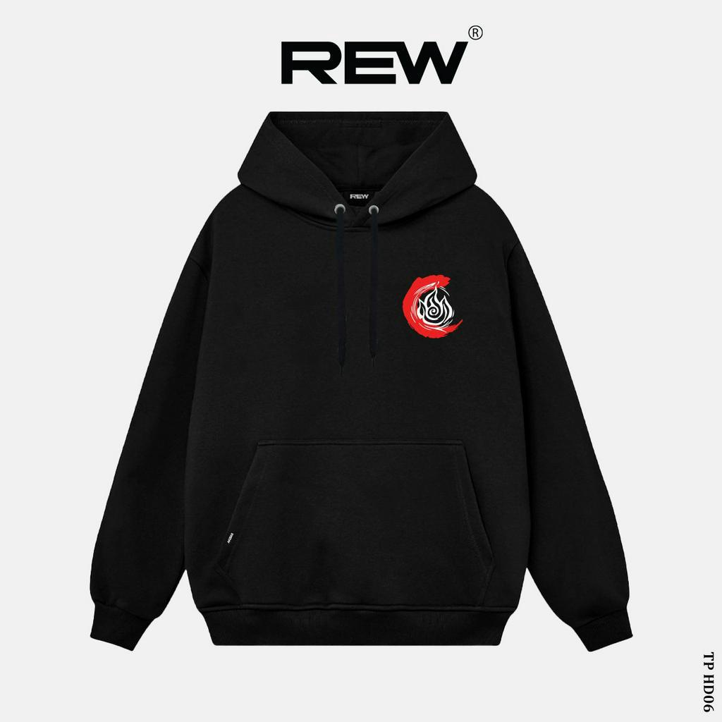 แบรนด์ท้องถิ่น REW เสื้อฮู้ดทรงหลวมสําหรับทั้งชายและหญิง Red Fire - Blue Fire