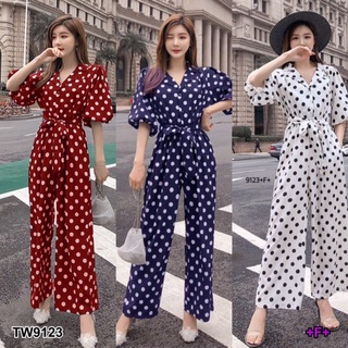 B9123 จั้มสูทแขนบอลลูนขายาวลายจุด + สายผูกเอว Polka dot long-sleeved balloon sleeve jumpsuit + waist tie