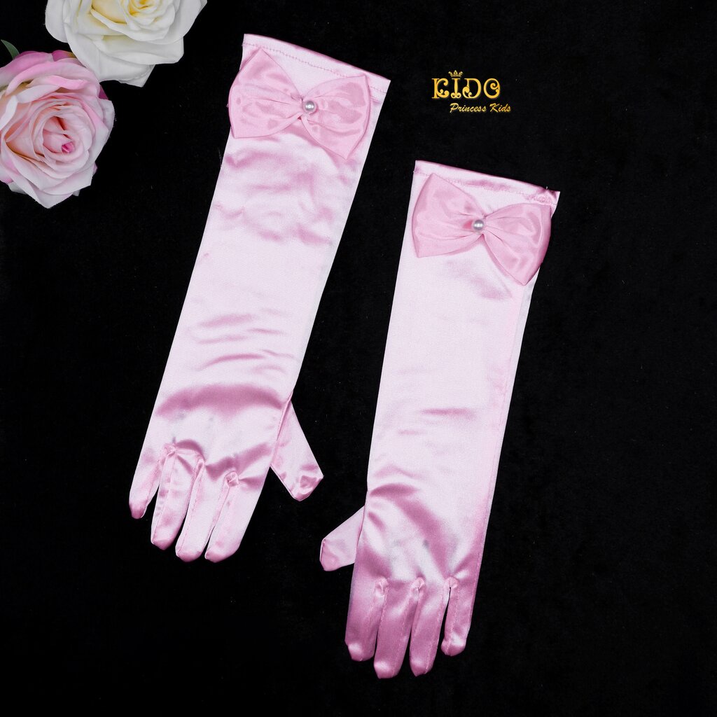 ถุงมือเด็ก(มีหน้าร้านอยู่รัชดา)GL3 สีชมพู มุกเม็ดเดียวแบบยาวติดโบว์ที่ที่ขอบดูหวานหรู