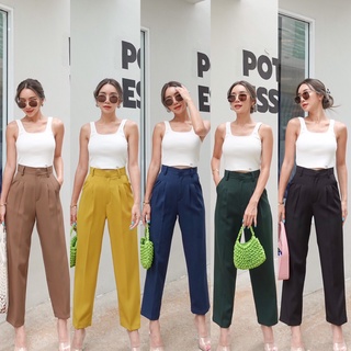 Nudeaholic #Katie trousers   สินค้าใหม่ กางเกงขากระบอกเล็กเอวสูง แต่งจีบล็อก 2 เกล็ด แต่งหูเข็มขัด รุ่นตัดเย็บจากผ้า SA