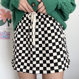 (ลด15% โค้ด 15DD66) Checkered skirt - B&amp;W