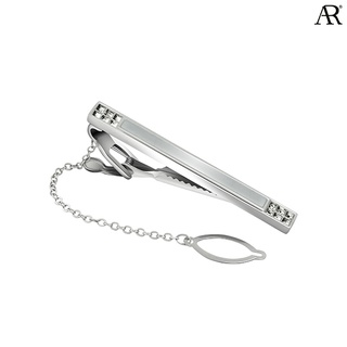 ANGELINO RUFOLO Tie Clip ดีไซน์ Catseye &amp; Crystal เข็มหนีบเนคไทโรเดียมคุณภาพเยี่ยม สีเงิน