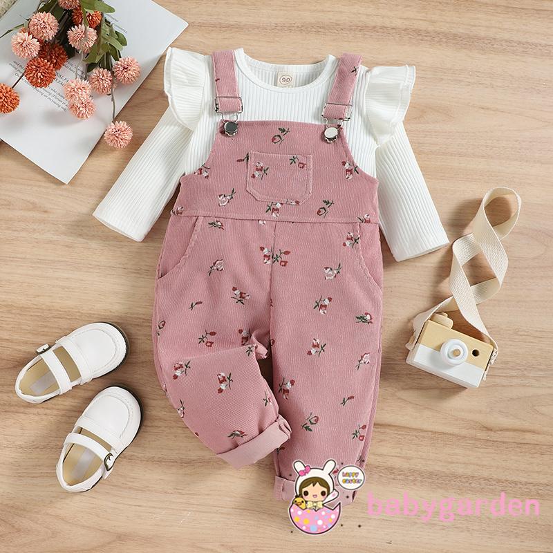 Babygarden-6 เดือน – 4 ปี เด็กผู้หญิง ชุด 2 ชิ้น เสื้อคอกลม แขนยาว สีพื้น + กางเกงขายาว พิมพ์ลายดอกไม้