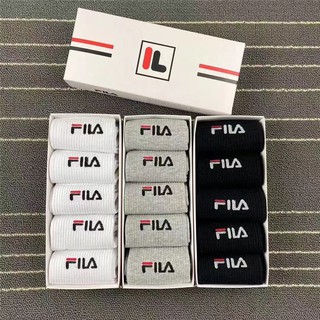 Fila ถุงเท้ากีฬา ผ้าฝ้าย 100% ท่อยาว สําหรับผู้ชายและผู้หญิง 5 คู่