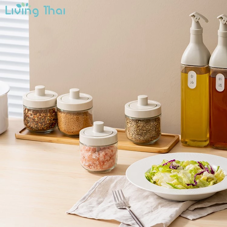 Living Thai โถแก้วปรุงรส,ขวดปรุงรส,ขวดใส่เกลือ,ฝาพร้อมช้อน,ขวดแก้วเครื่องเทศ,โถแก้วที่ใส่เครื่องปรุง