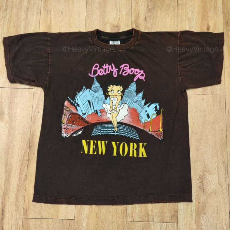 BETTY BOOP NEW YORK เสื้อลายการ์ตูน ฟอกสโนว์ด่าง ผ้านุ่ม วินเทจ heavy vintage shirt
