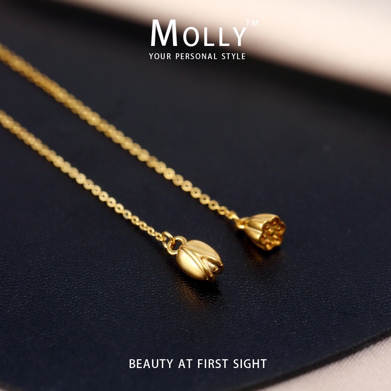 Molly สแตนเลส Dainty Lotus พู่ต่างหูผู้หญิง Non Tarnish Hypoallergenic Gold Plated Minimalist Drop ต่างหู