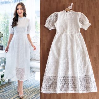 เดรสลูกไม้มี4สี!!! L-4XL Maxi Dress เดรสลูกไม้ขาวคอปีนแขนพอง งานป้าย Love love