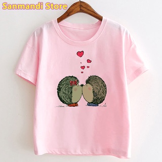 เสื้อยืด - ตลกจูบเม่นสัตว์พิมพ์สีชมพู Tshirt สําหรับเด็กผู้หญิงเสื้อผ้าเด็กตลกฤดูร้อนแฟชั่นด้านบนเส