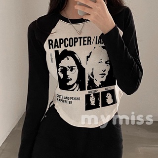 Mymiss1- เสื้อยืดแขนยาว แบบสวมหัว พิมพ์ลายตัวอักษร สีคอนทราสต์ แฟชั่นฤดูใบไม้ร่วง สําหรับผู้หญิง