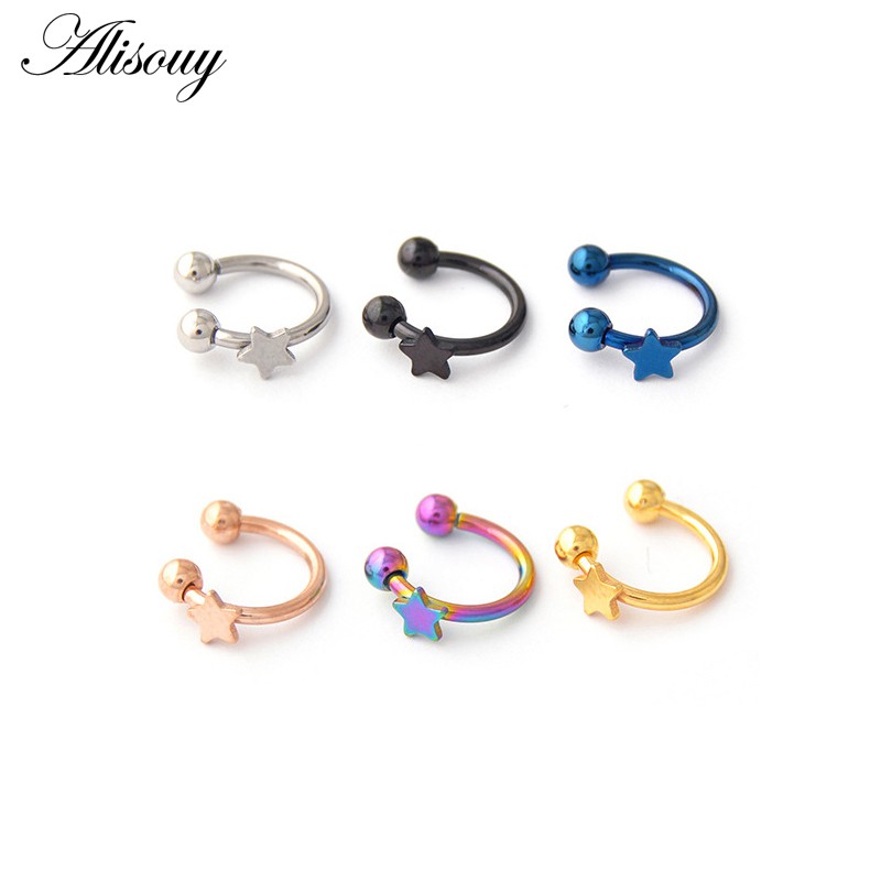 Alisouy 1PC Fake Septum Star แหวนจมูกสแตนเลสสีทองสีเงิน Body Clip Hoop สําหรับผู้หญิง Sepatum เจาะคลิปเครื่องประดับ