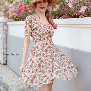 Korea petal dress🌹 เดรสคอยูทรงสวิง ผ้าชีฟองทรายพิมพ์ลาย แต่งผ้าผูกเอวปรับไซส์ พร้อมซิปและซับในทั้งตัว ทรงสวยเป๊ะ ใส่สวย