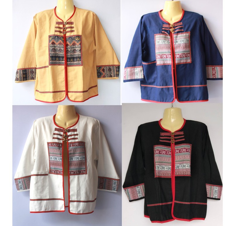 เสื้อคลุมพื้นเมือง แต่งผ้าทอลายช้าง+กระดุมเหรียญล้านนา