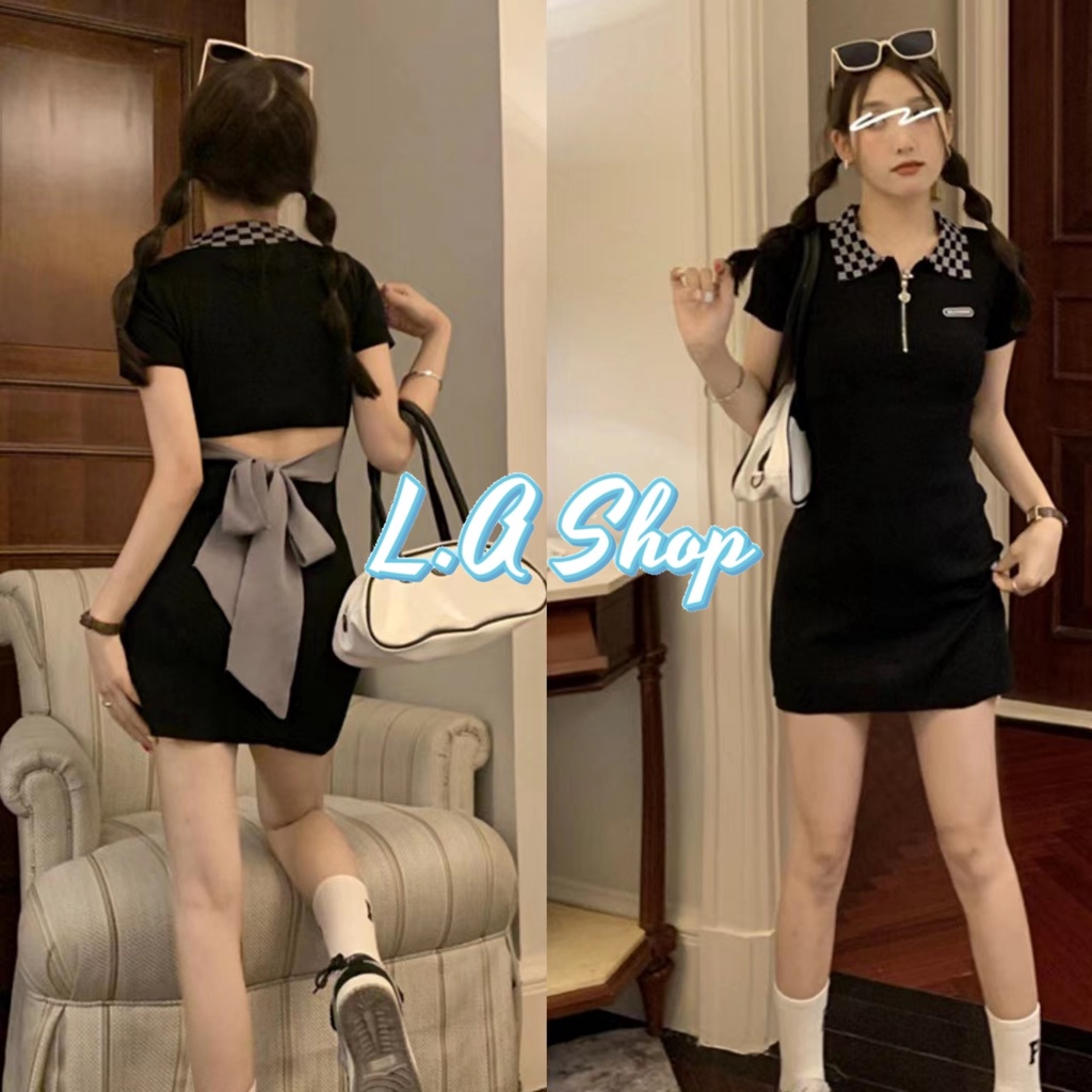 L.A Shop พร้อมส่ง ชุดเดรสไหมพรม คอปกแขนสั้นรัดรูปสุดเท่ "4927" -C