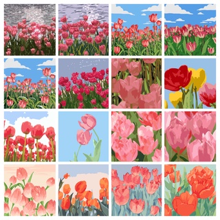 ภาพวาดสีน้ํามันดิจิทัล ตามตัวเลข บนผ้าใบ รูปดอกทิวลิป PBN DIY ขนาด 20x20 ซม. สําหรับเด็ก