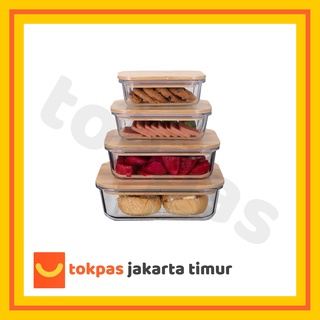 Tempat Kotak Makanan Kaca Tutup Kayu Bambu / Glass Food Container With Bamboo Lid