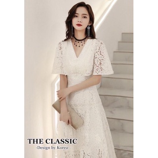 พร้อมส่ง🎐3color 🎑M-3XL เดรสลูกไม้ แขนระบาย คอวี 🎐classic