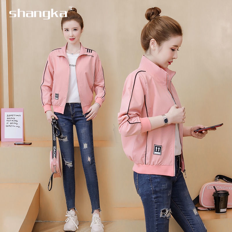 สไตล์ใหม่สีชมพู Stand-Up Tie ซิปเบสบอลสั้น Jogging กีฬาสําหรับผู้หญิง Slim-Fit Coat แฟชั่นเกาหลีแขนยาว