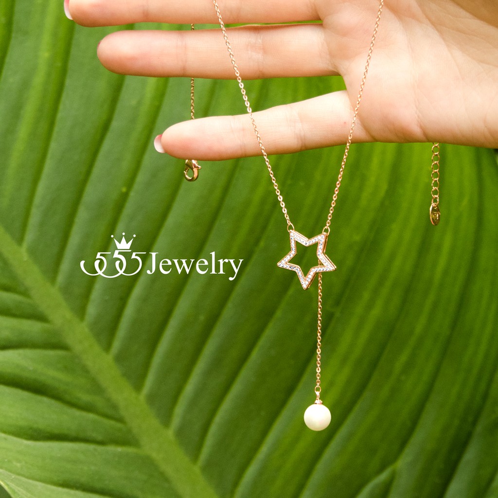 555jewelry จี้พร้อมสร้อย รูปดาว ประดับเพชร CZ ห้อยมุกเทียม รุ่น MNC-BN026 - จี้ห้อยคอ จี้สร้อยคอ จี้