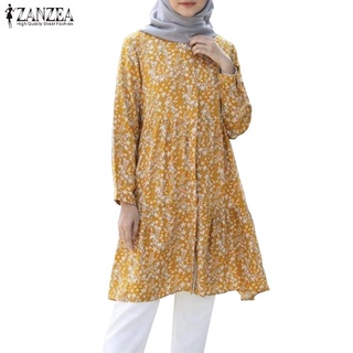 ZANZEA Women Casual Long Sleeve Ruffles Hem Retro Printed Muslim Shirts