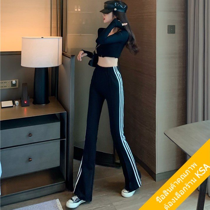 KSA พร้อมส่ง กางเกงขาม้าเอวสูงผู้หญิง เอวสูงยางยืด สไตล์เกาหลี  กางเกงขายาวผู้หญิงใส่สบาย สีดำ กีฬาขากว้าง  ทรงหลวม xxl - รูปที่ 2