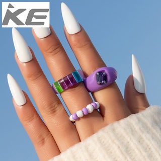 Jewelry Purple Resin Diamond Ring Set Colorful Rice Beaded Beaded Ring Set of Three for girls