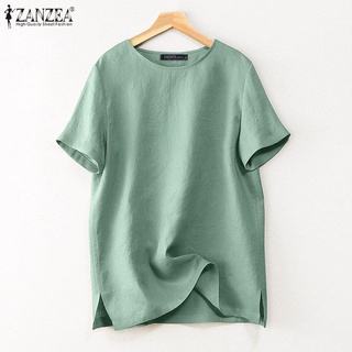 Zanzea เสื้อเบลาส์ คอกลม แขนสั้น ลําลอง ทรงหลวม ผ่าข้าง สีพื้น สไตล์วินเทจ สําหรับผู้หญิง