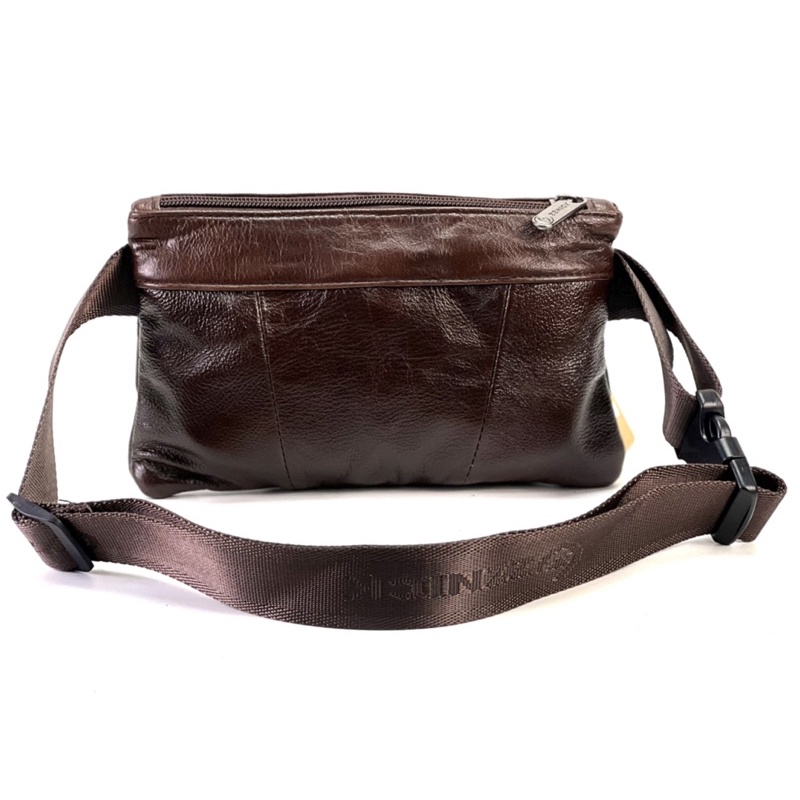 Chinatown leather กระเป๋าวัวหนังแท้ คาดเอว สะพายหน้าอก แบบบาง ซิปสั้น สีน้ำตาล