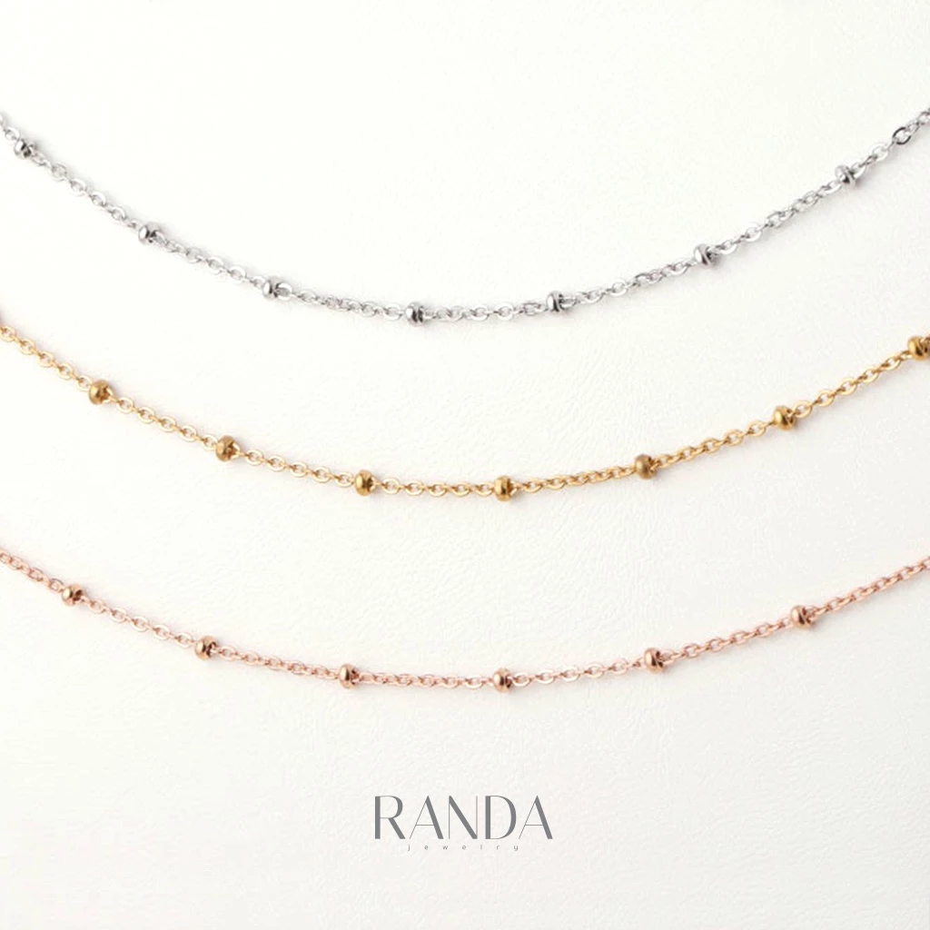 Randa สร้อยคอลายลูกปัด สีเงิน สีพิ้งโกล สีทอง สแตนเลสแท้ โดนน้ำหอม อาบน้ำ ออกกำลังกาย ลงทะเลได้ ไม่ลอก ไม่ดำ