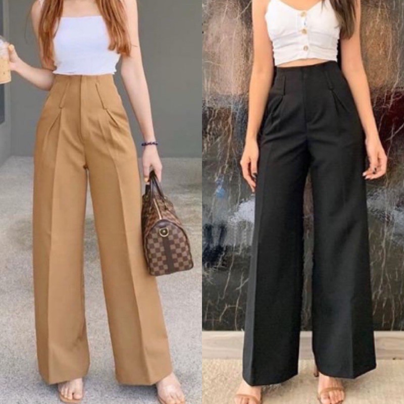 (B) New🔥 กางเกงขากระบอก เอวสูงซิปหน้ามีหูเข็มขัด ผ้าเปเป้งานป้าย🔥พร้อมส่ง