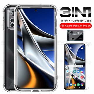 3in1 For Xiaomi Poco X4 Pro 5G Case Camera Tempered Glass PocoX4 X4Pro Pocco X 4 Pro NFC Clear Soft Shockproof Phone Cover Coque