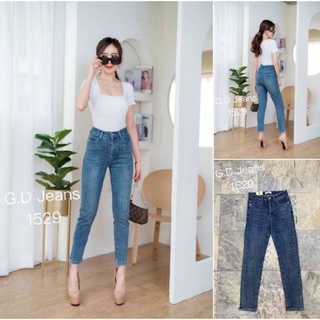 G.D.Jeans รุ่น 1529#กางเกงยีนส์แฟชั่นขายาวผ้ายืดทรงเดฟสีเข้มเล่นดีไซน์แต่งริมแดงข้างแบบเก๋ๆ