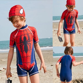 (M-4XL) ชุดว่ายน้ำเด็ก บอดี้สูท แขนสั้น ขาสั้น แถมหมวก spider man #28001