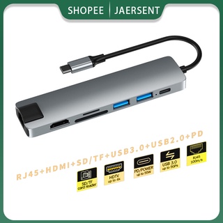 ⭐ส่งไวจากไทย⭐ JAERSENT usb hub 7 In 1 อะแดปเตอร์ฮับ ฮับ USB Hub Type-C To USB 3 . 0 + HDMI + RJ 45 สําหรับ ตัวแปลง