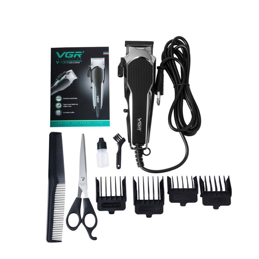 VGR รุ่น V-130 แบตตาเลี่ยนตัดผมไฟฟ้า มีสาย 7W ใบมีดสเตนเลส  มาพร้อมหวีรอง 4 อัน กรรไกร หวี ปัตตาเลี่