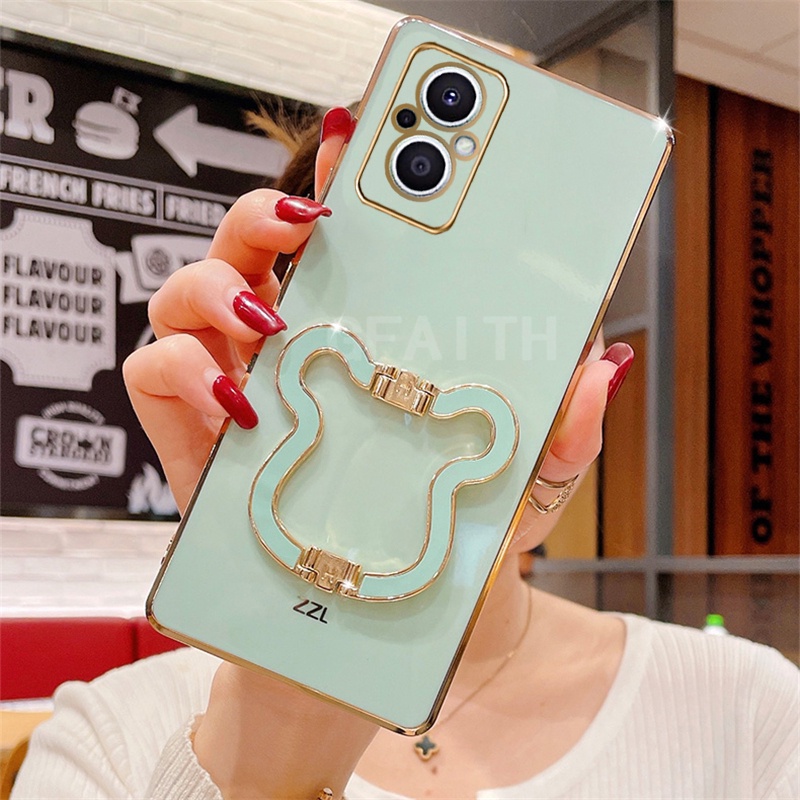 2022 New เคสโทรศัพท์ OPPO Reno 8 Z 5G Reno8 Pro Reno 7 Pro Reno7Z Reno7 5G Thai Version Fashion Soft Case Plating with Cute Bear Holder Cover เคส Oppo Reno8Z Reno8Pro