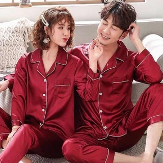 🍁3830🍁ชุดนอนผ้าซาตินแขนยาว+กางเกงขายาว สีพื้น ไซส์ M-2XL ใส่ได้ทั้งชายและหญิง